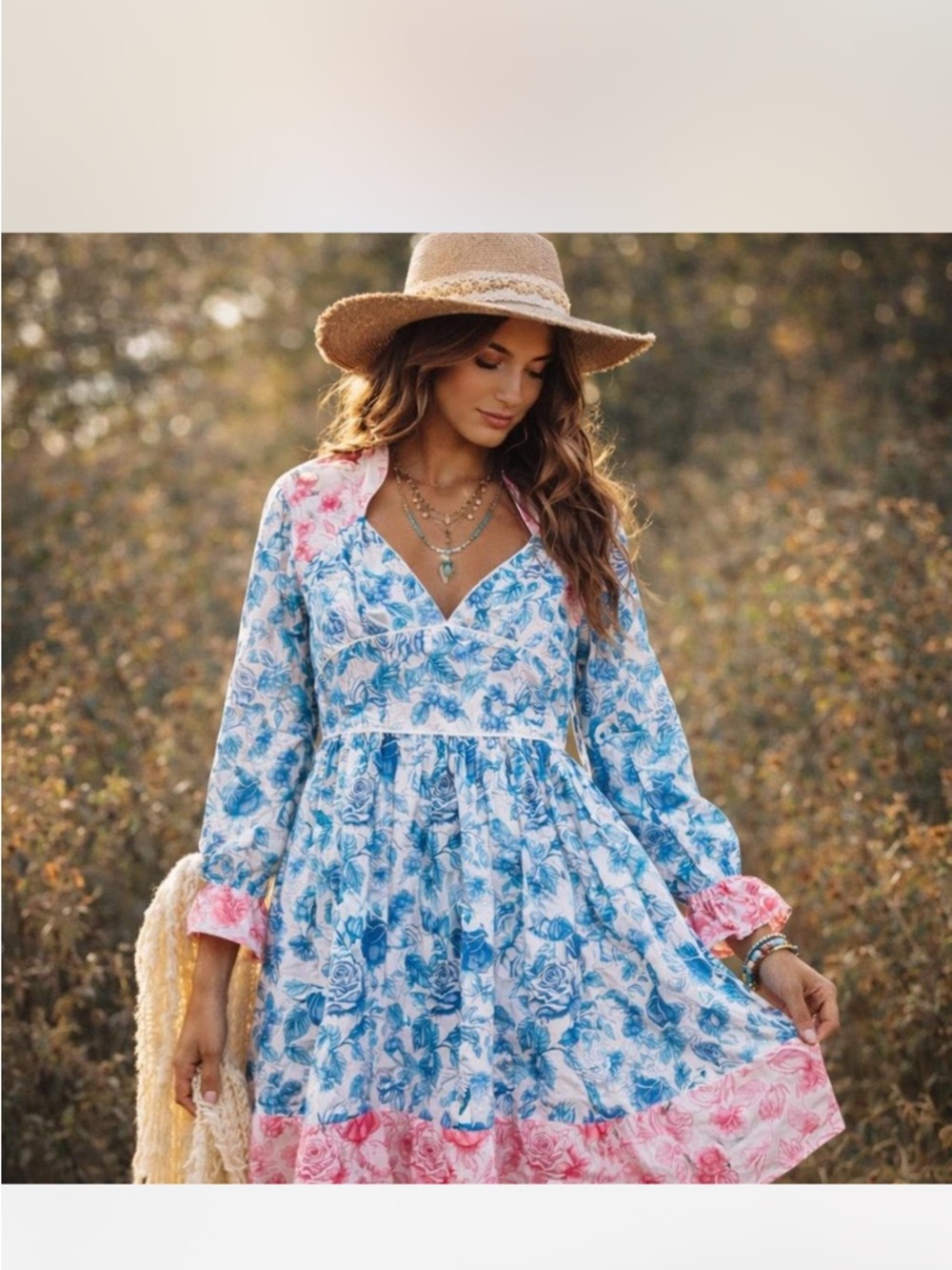 Blue & Pink Floral V-Neck Long Sleeve Women’s Dress